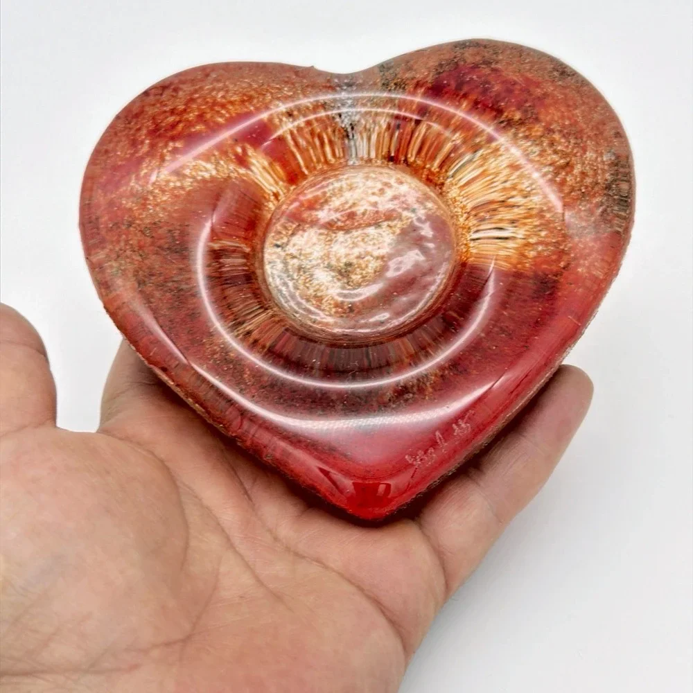 Art Glass Heart Paperweight Red Orange Swirled Mottled Maka 78